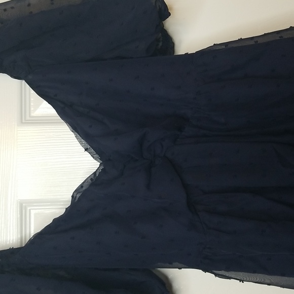 Lulus Always Delight Navy Blue Swiss Dot Puff Sleeve Open Tie Back Midi Dress - Picture 4 of 14